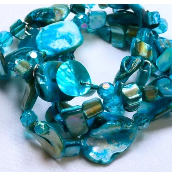 STYLE AND CO 3 ROW SHELL BEAD STRETCH BRACELET IRIDESCENT TURQUOISE COLOR - Picture 2 of 3